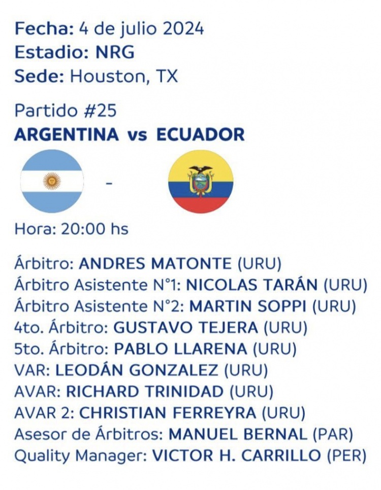 阿根廷vs厄瓜多尔美洲杯1/4决赛裁判安排公布 