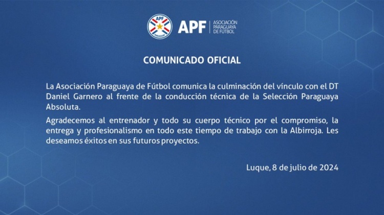巴拉圭足协官方宣布主帅加内罗离任 