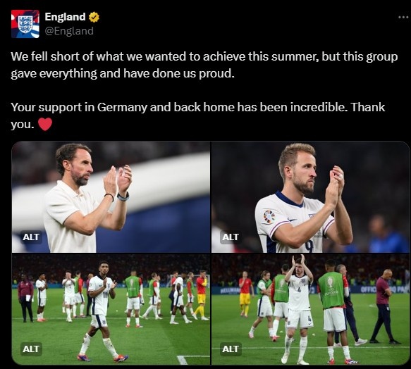 英格兰队欧洲杯失利，感谢球迷支持 