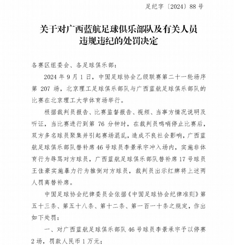 中国足协对广西蓝航俱乐部及两名球员开出罚单 